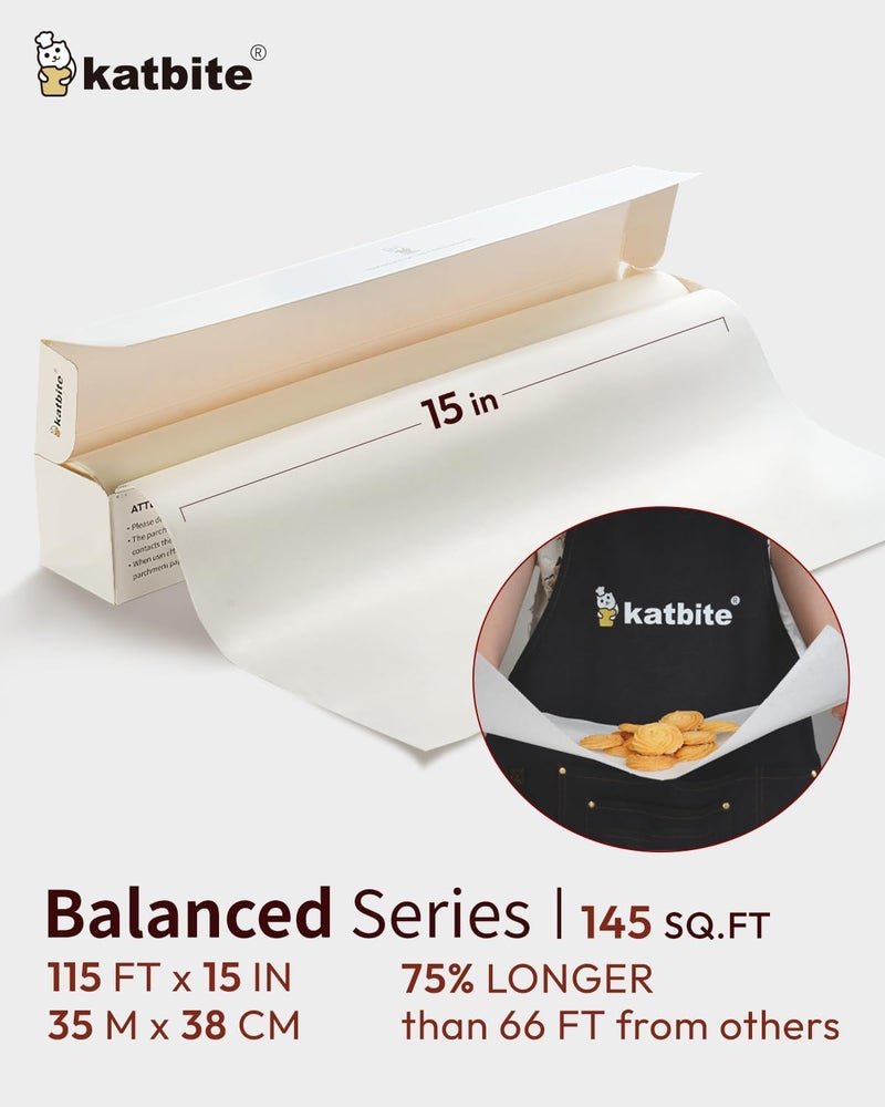 katbite Parchment Paper Roll 15in x 115ft, White Pachment Baking Paper Roll 145 Sq.Ft, Non-Stick and Extra Longer Parchment Paper with Portable Serrated Cutter for Baking,Cooking,Space-saving - Image 2