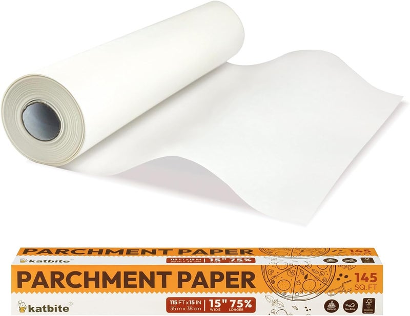 katbite Parchment Paper Roll 15in x 115ft, White Pachment Baking Paper Roll 145 Sq.Ft, Non-Stick and Extra Longer Parchment Paper with Portable Serrated Cutter for Baking,Cooking,Space-saving - Image 1