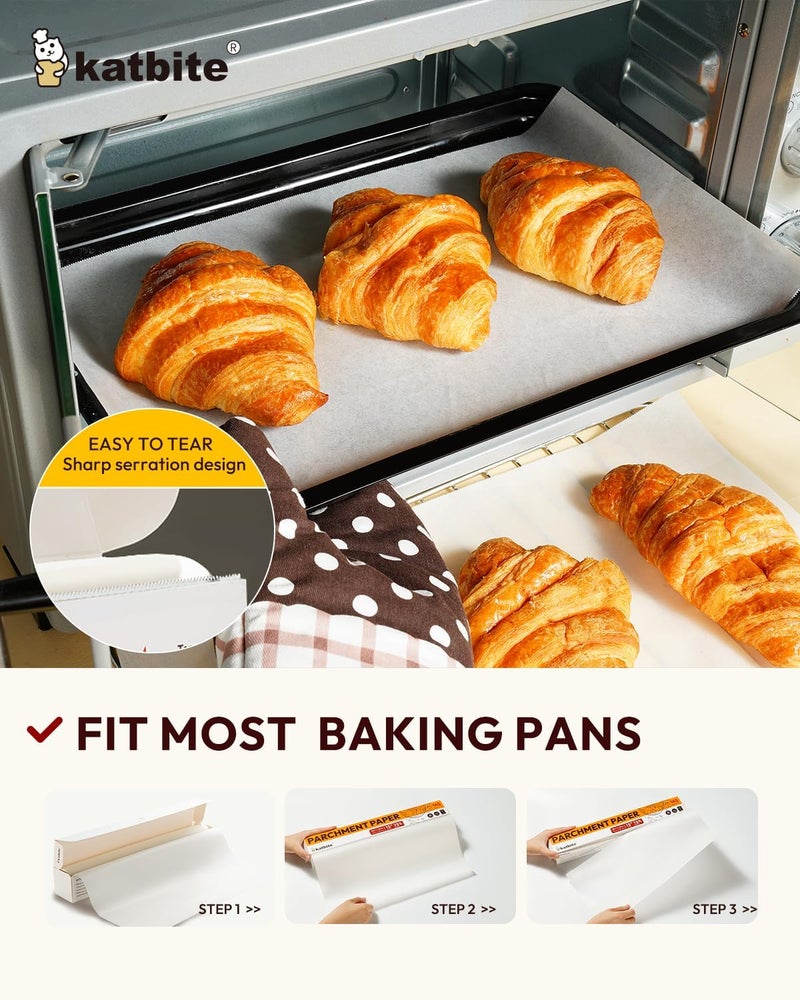 katbite Parchment Paper Roll 15in x 115ft, White Pachment Baking Paper Roll 145 Sq.Ft, Non-Stick and Extra Longer Parchment Paper with Portable Serrated Cutter for Baking,Cooking,Space-saving - Image 4