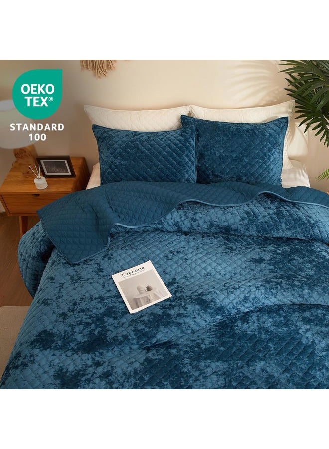 Wondnuga Lightweight Soft Velvet Quilt Set 3 Pieces, Comforter Bedspread Coverlet, Bedding Set for All Season (Teal Blue, King/Cal.King (106" x 96"), Diamond) - Image 2