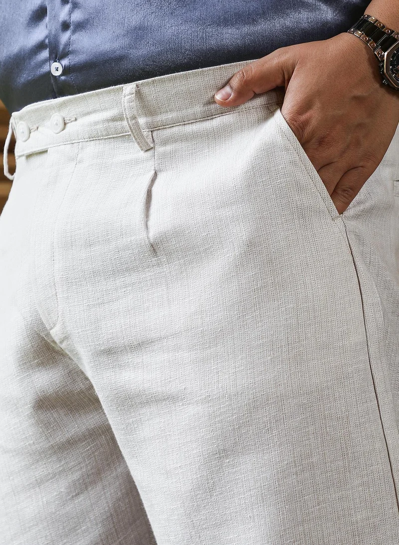 Instafab Plus  Men's Off-White Textured-Woven Cigrette Trousers For Casual Wear | Mid-Rise | Regular Fit | Button Closure | Plus Size Trousers Crafted With Comfort Fit For Everyday Wear for Men | Best Price UAE
