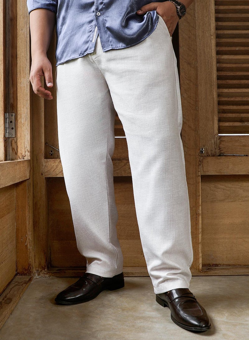 Instafab Plus Men's Off-White Textured-Woven Cigrette Trousers For Casual Wear | Mid-Rise | Regular Fit | Button Closure | Plus Size Trousers Crafted With Comfort Fit For Everyday Wear - Image 2