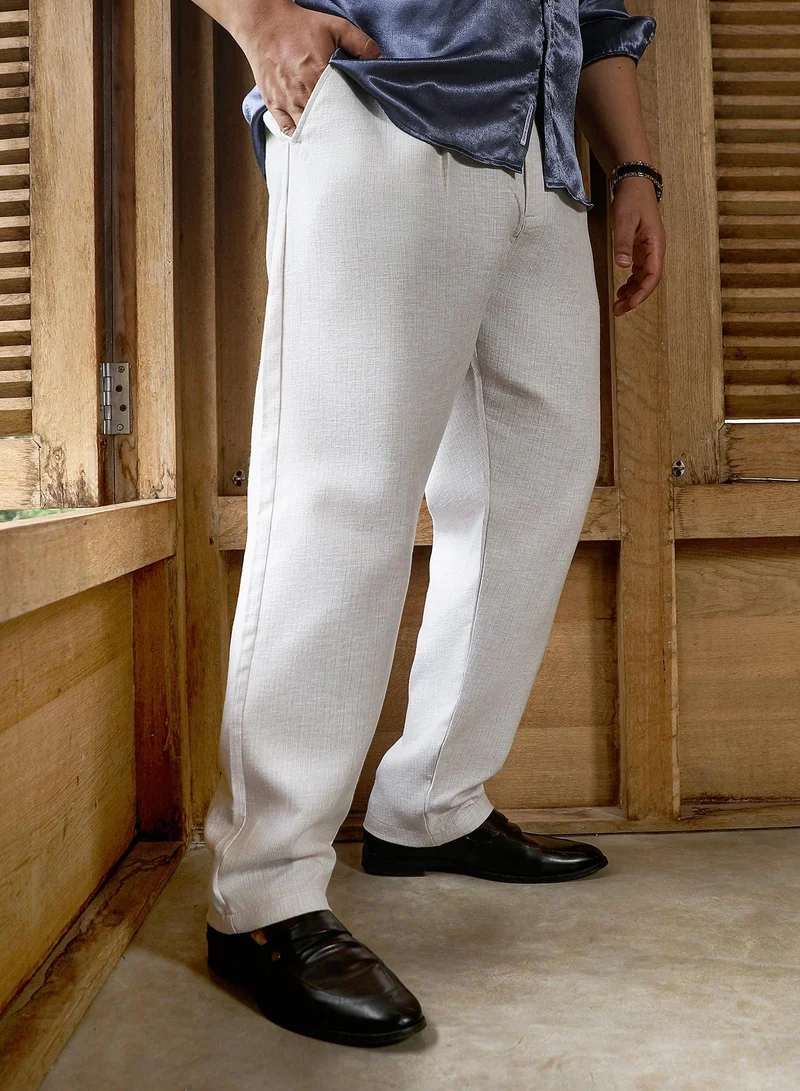 Instafab Plus  Men's Off-White Textured-Woven Cigrette Trousers For Casual Wear | Mid-Rise | Regular Fit | Button Closure | Plus Size Trousers Crafted With Comfort Fit For Everyday Wear for Men | Best Price UAE