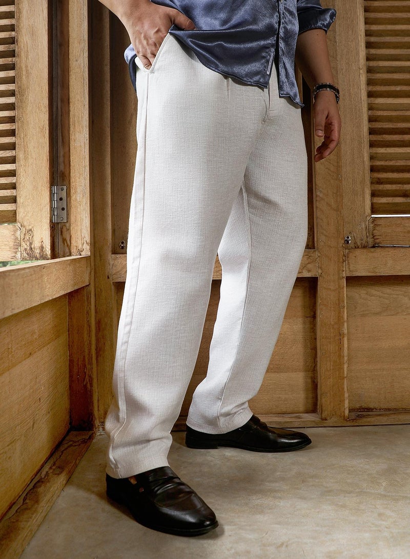 Instafab Plus Men's Off-White Textured-Woven Cigrette Trousers For Casual Wear | Mid-Rise | Regular Fit | Button Closure | Plus Size Trousers Crafted With Comfort Fit For Everyday Wear - Image 3