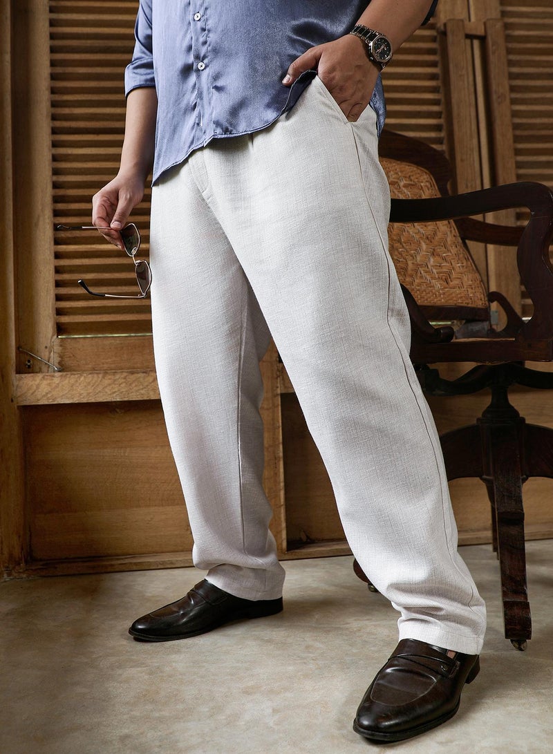 Instafab Plus Men's Off-White Textured-Woven Cigrette Trousers For Casual Wear | Mid-Rise | Regular Fit | Button Closure | Plus Size Trousers Crafted With Comfort Fit For Everyday Wear - Image 1