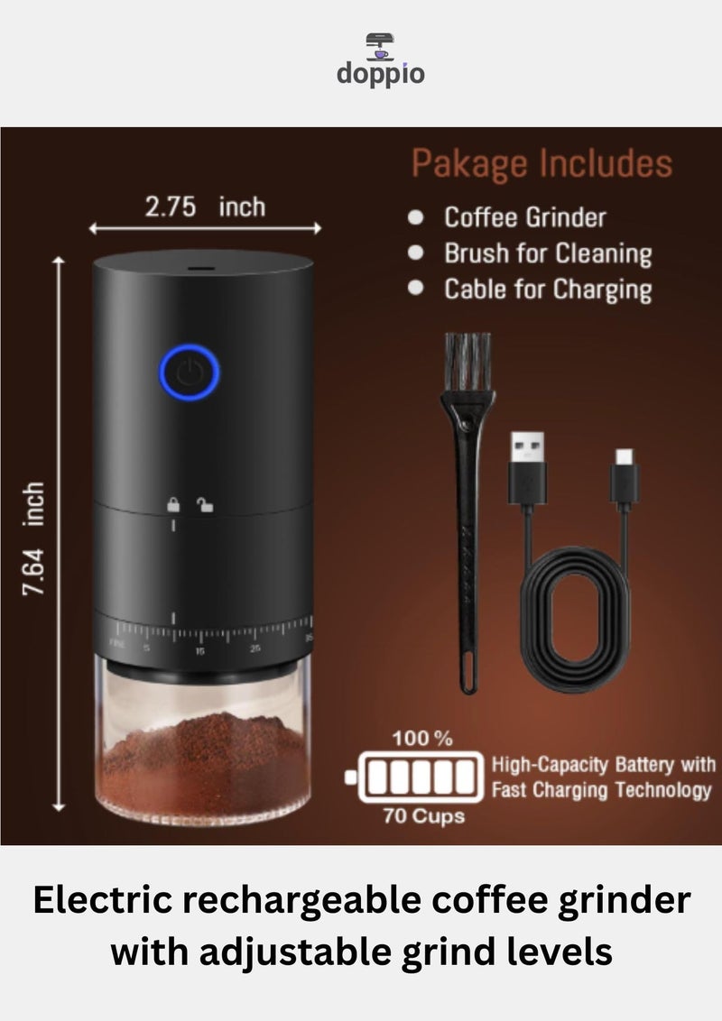 Doppio Electric Coffee Grinder – Rechargeable Burr Grinder with Adjustable Grind Settings | USB Charging | Suitable for Espresso, French Press & Filter Coffee | Compact & Portable - Image 2