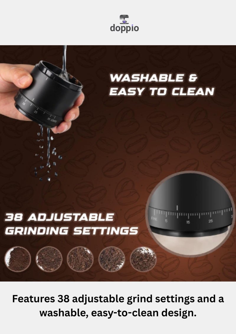 Doppio Electric Coffee Grinder – Rechargeable Burr Grinder with Adjustable Grind Settings | USB Charging | Suitable for Espresso, French Press & Filter Coffee | Compact & Portable - Image 5