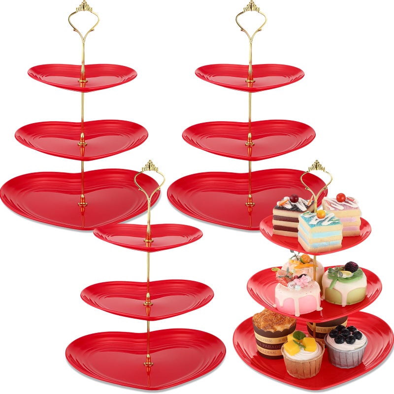 Layhit 4 Pack Valentine's Day 3 Tier Cupcake Stand Heart Shaped Serving Trays for Party Plastic Dessert Cupcake Stand for Tea Party Baby Shower Wedding(Red) - Image 1