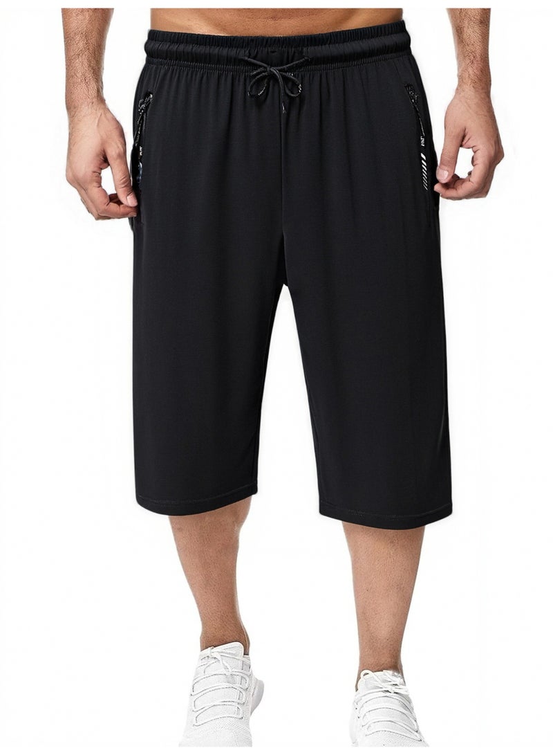 PATELIS Plus Size Men  Quick drying and cool feeling Shorts Summer Beach Short  3 Quarter Pants Black Workout Athletic Shorts with Zipper Pockets for workout and Casual Running - Image 1