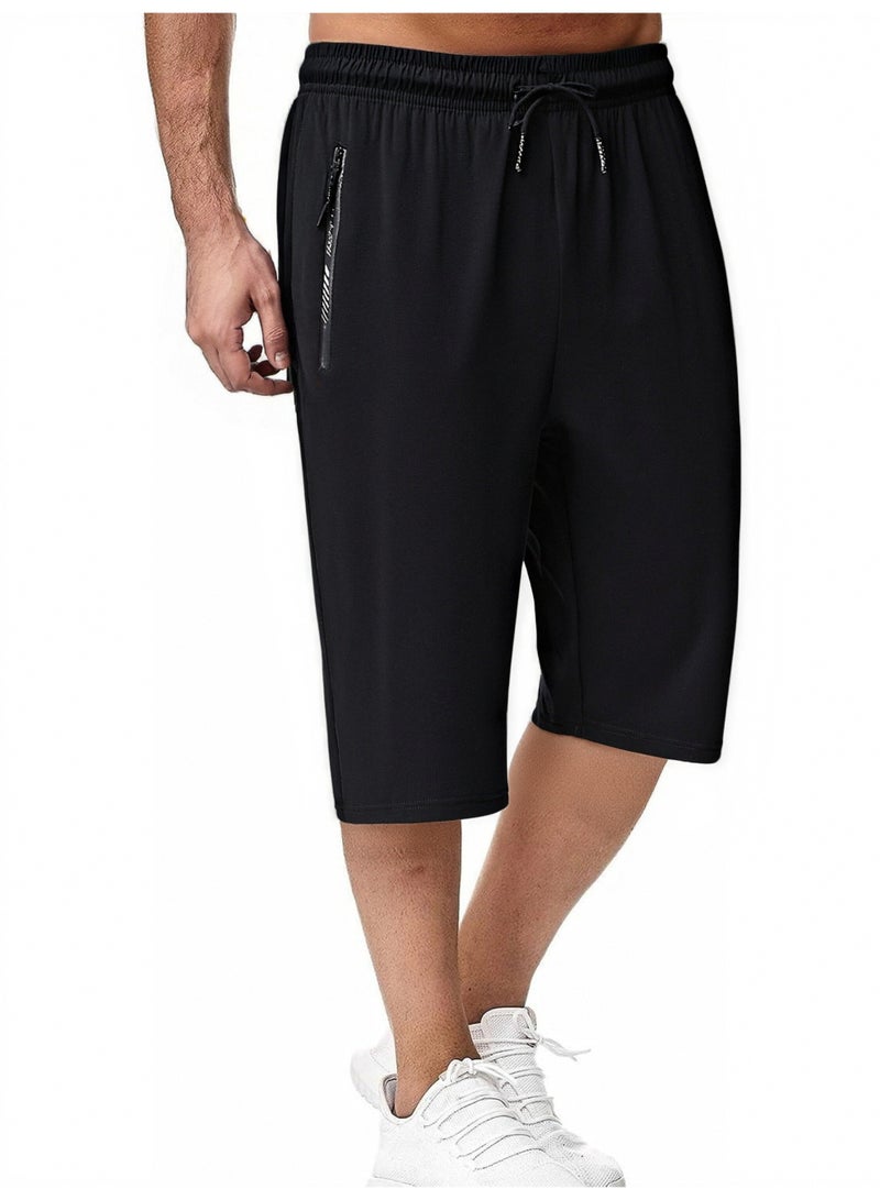 PATELIS Plus Size Men  Quick drying and cool feeling Shorts Summer Beach Short  3 Quarter Pants Black Workout Athletic Shorts with Zipper Pockets for workout and Casual Running - Image 3