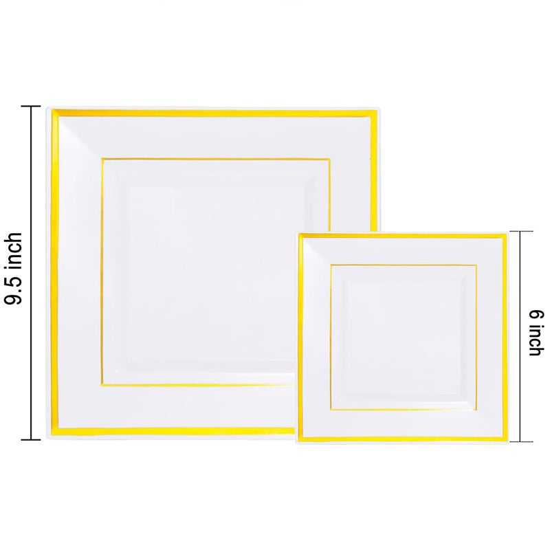 Liacere 100PCS White and Gold Square Plastic Plates-50PCS Heavy Duty 9.5inch White Dinner Plates and 50PCS 6inch White Dessert Plates - Gold Plastic Plates for Party&Wedding&Thanksgiving - Image 1