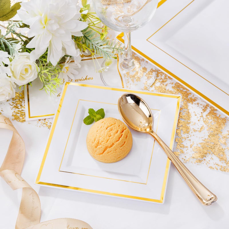 Liacere 100PCS White and Gold Square Plastic Plates-50PCS Heavy Duty 9.5inch White Dinner Plates and 50PCS 6inch White Dessert Plates - Gold Plastic Plates for Party&Wedding&Thanksgiving - Image 4