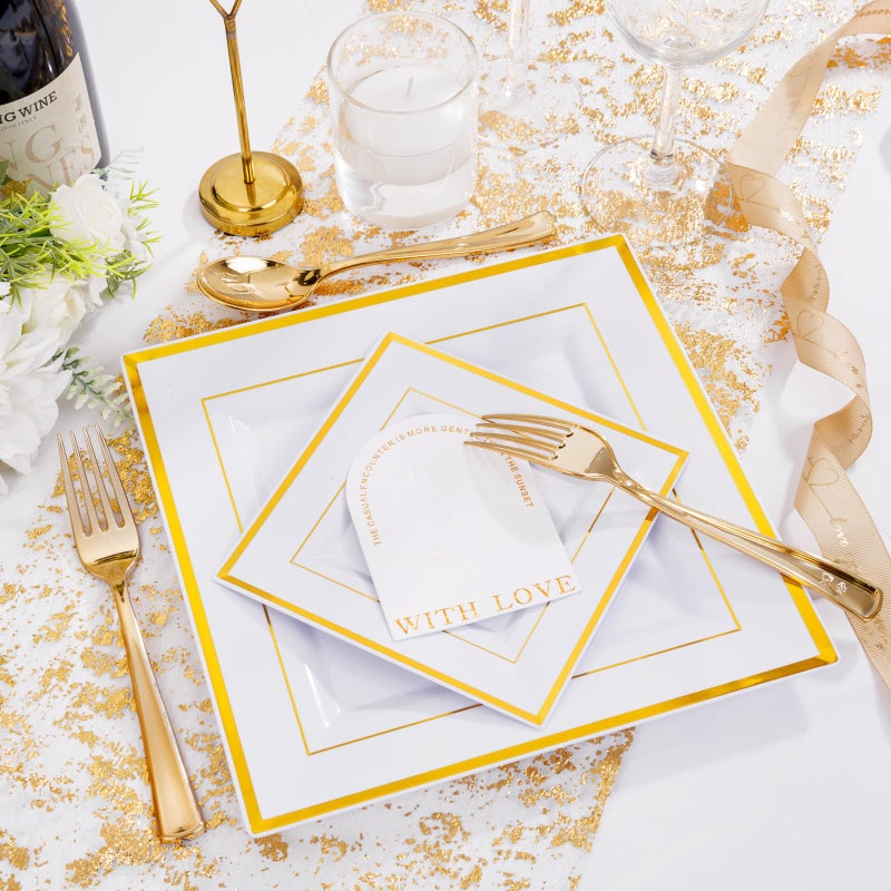 Liacere 100PCS White and Gold Square Plastic Plates-50PCS Heavy Duty 9.5inch White Dinner Plates and 50PCS 6inch White Dessert Plates - Gold Plastic Plates for Party&Wedding&Thanksgiving - Image 2
