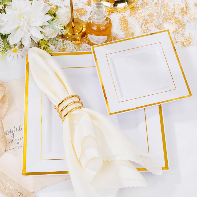 Liacere 100PCS White and Gold Square Plastic Plates-50PCS Heavy Duty 9.5inch White Dinner Plates and 50PCS 6inch White Dessert Plates - Gold Plastic Plates for Party&Wedding&Thanksgiving - Image 3