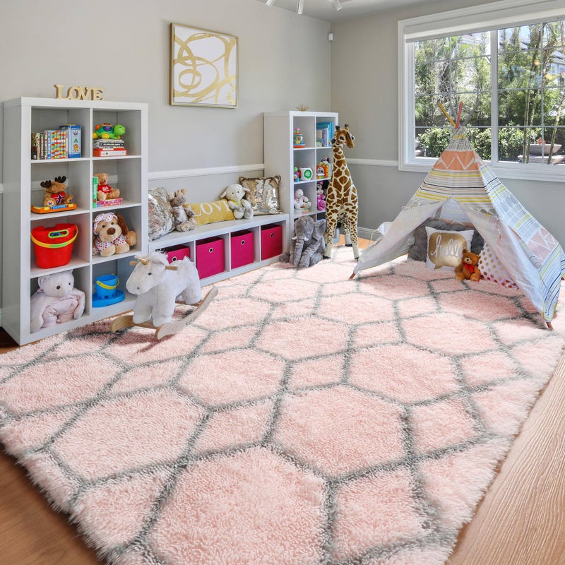 ONASAR Area Rugs for Bedroom Living Room, 4x6 Fluffy Pink and Grey Throw Rug, Shaggy Geometric Soft Plush Floor Carpet for Nursery Girls Teen Playroom Dorm Home Decor Aesthetic - Image 4