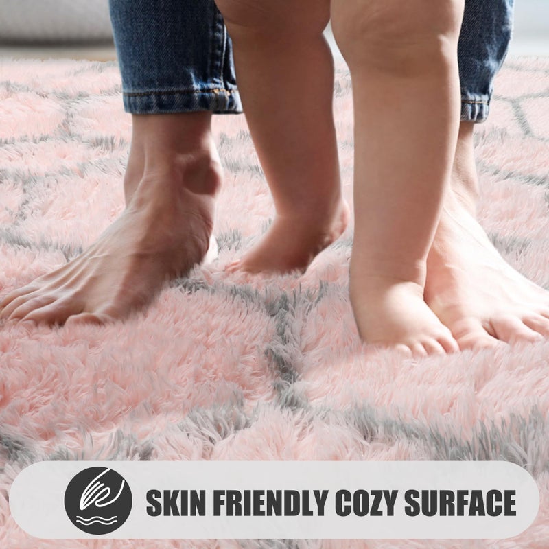 ONASAR Area Rugs for Bedroom Living Room, 4x6 Fluffy Pink and Grey Throw Rug, Shaggy Geometric Soft Plush Floor Carpet for Nursery Girls Teen Playroom Dorm Home Decor Aesthetic - Image 3