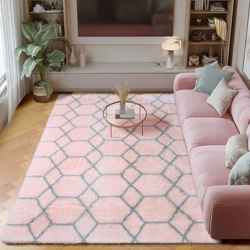 ONASAR Area Rugs for Bedroom Living Room, 4x6 Fluffy Pink and Grey Throw Rug, Shaggy Geometric Soft Plush Floor Carpet for Nursery Girls Teen Playroom Dorm Home Decor Aesthetic - Image 1