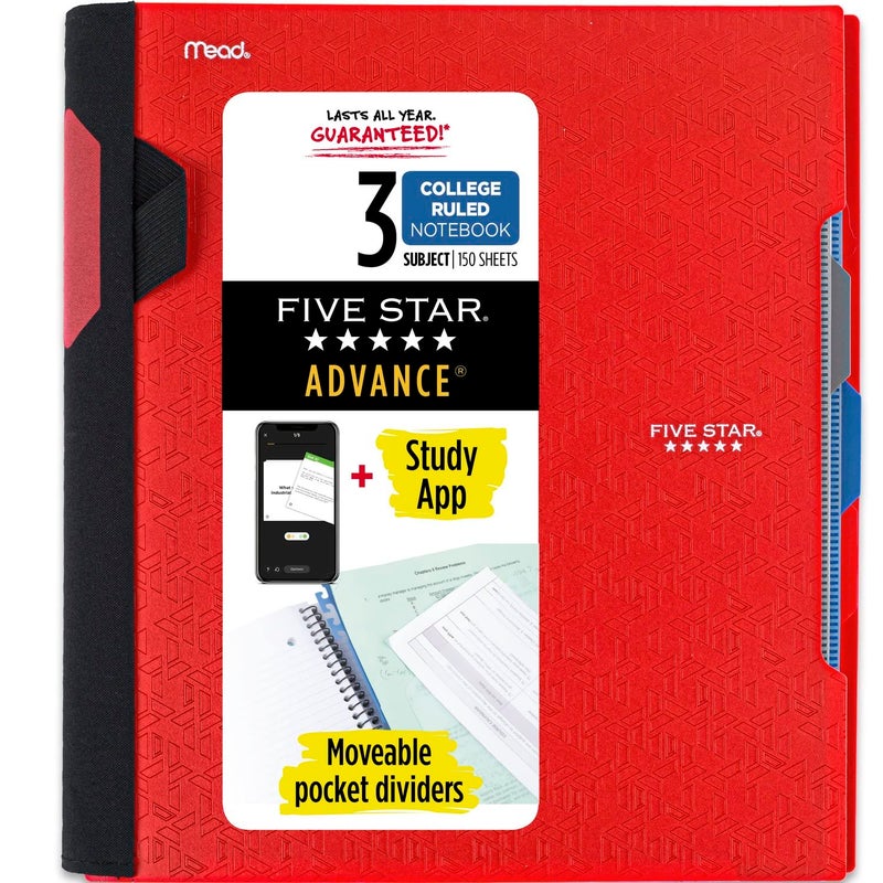 Five Star Advance Spiral Notebook Plus Study App, 3 Subject, College Ruled Paper, 11" x 8-1/2", 150 Sheets, With Spiral Guard and Movable Dividers, Fire Red, 1 Count (73134) - Image 1