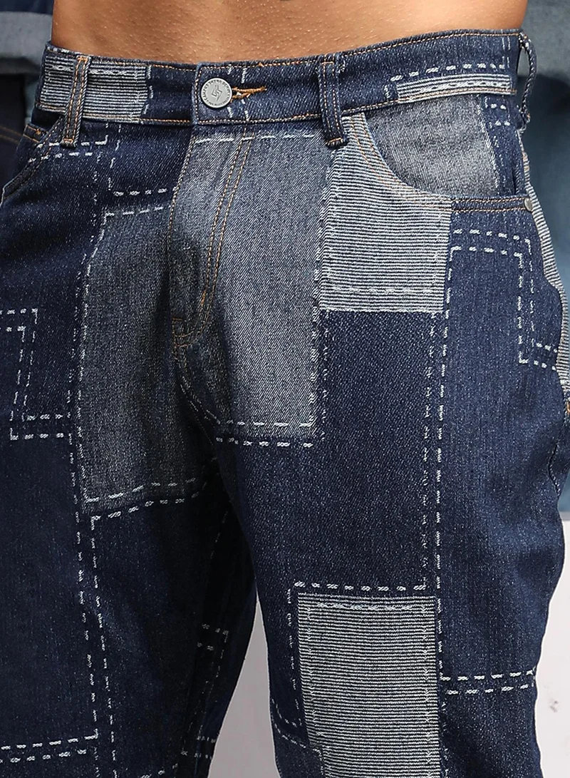 Campus Sutra Men's Navy Blue Patched Straight-Fit Denim Jeans