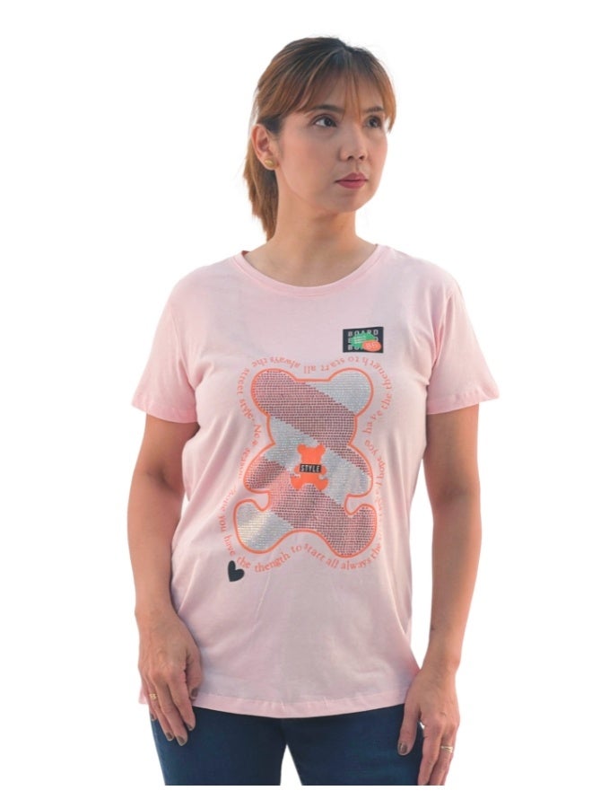 JOANNA تي شيرت نسائي بتصميم دب مع اقتباسات من جوانا W203042 - وردي - L - Image 1