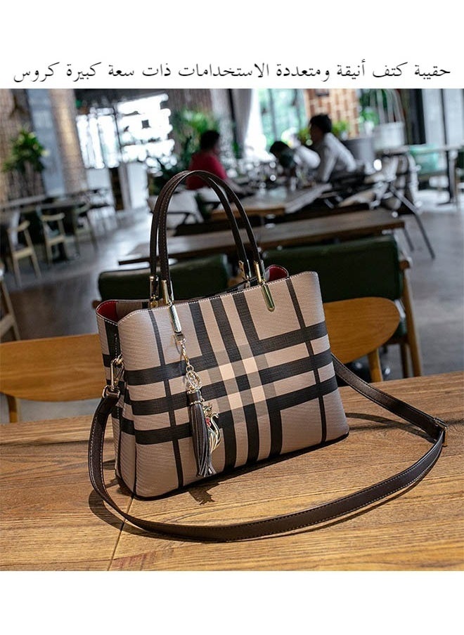 Arabest - Plaid Briefcase Large Capacity Pet Bag Fashionable and Versatile Tote Bag Large Capacity Handbag One-shoulder Crossbody bag, fashionable hanging tassel bag, casual and versatile bucket bag for Womens - Image 1
