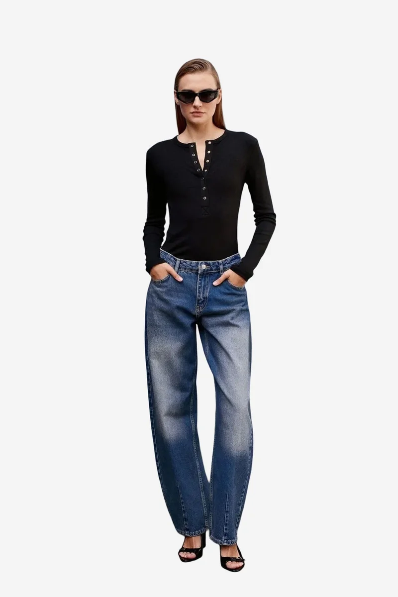 Dilvin Black DILVIN Ribbed Crew Neck Button Blouse for Women | Best Price UAE