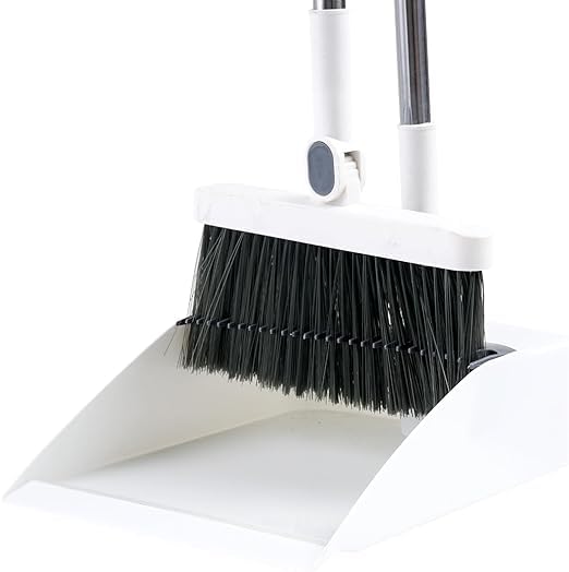 IMUU Broom and Dustpan Set Upright Standing Dustpan and Soft Bristles BroomExtended Stainless Steel Long Handle Broom with Teeth Comb Rubber Lip Dustpanfor Home Kitchen Office White
