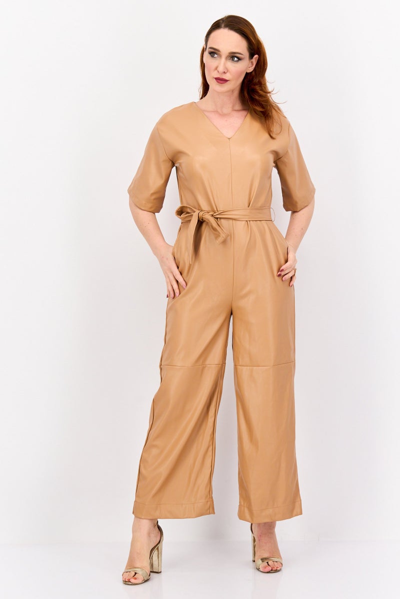 H by Halston Women Plain Short Sleeve Belted Jumpsuit, Tan - Image 1