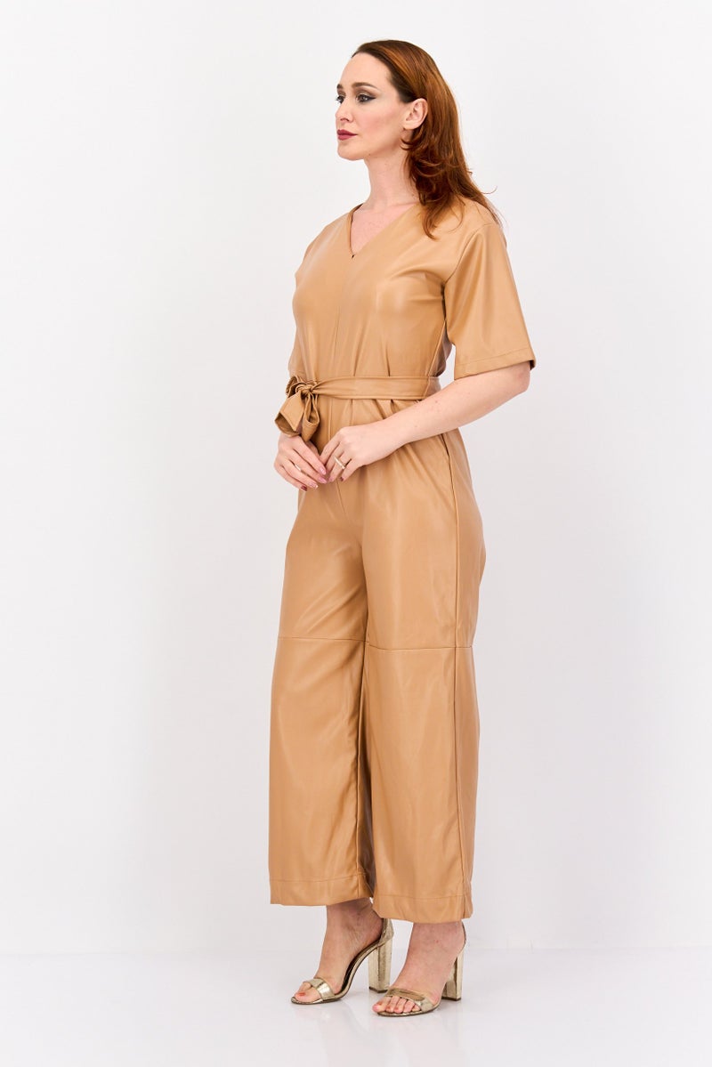 H by Halston Women Plain Short Sleeve Belted Jumpsuit, Tan - Image 3