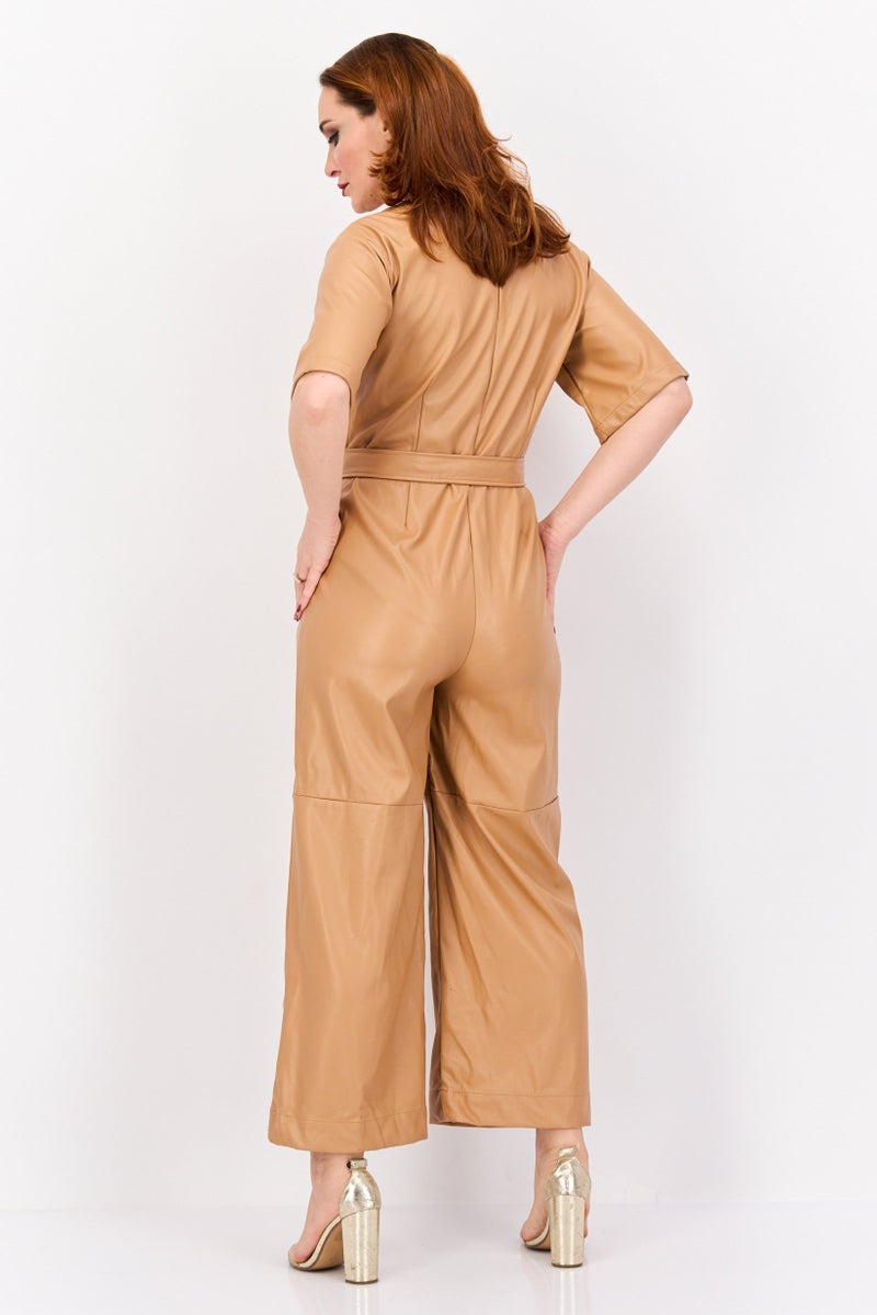 H by Halston Women Plain Short Sleeve Belted Jumpsuit, Tan - Image 4