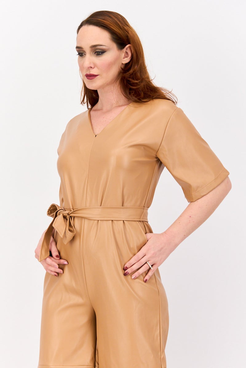H by Halston Women Plain Short Sleeve Belted Jumpsuit, Tan - Image 2