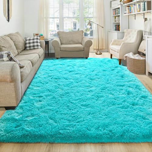 junovo Washable NonSlip Area Rug Ultra Soft Area Rugs 6x9 Feet Fluffy Carpets for Bedroom Kids Girls Boys Baby Living Room Shaggy Floor Nursery Rug Home Bedroom Mats Turquoise Blue