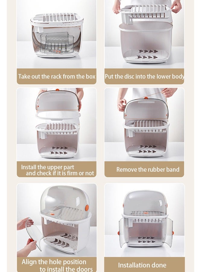 توبيتش رف تجفيف الاطباق، شبك مواعين بطبقتين, خزانة كبيرة لحامل تجفيف الأطباق مقاومة للغبار مع صينية تجفيف، صندوق تخزين رفوف التجفيف - Image 3