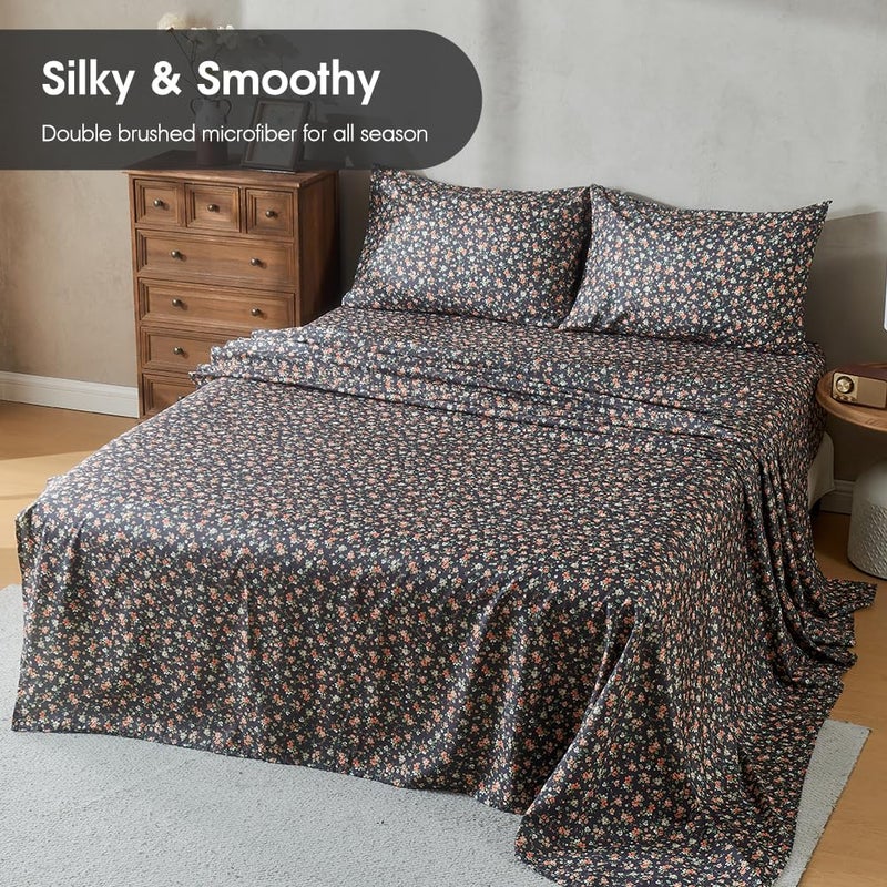 HYPREST Floral Sheets Queen Size, Deep Pocket Sheets Black Soft Breathable Farmhouse 4pcs Bed Sheet Sets - Image 3