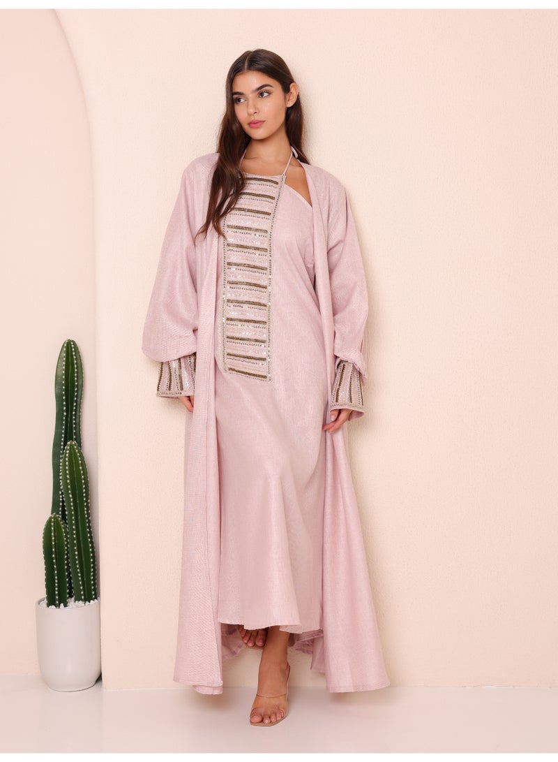 اكسا طقم قطعتين فاخر بتفاصيل خطوط لامعة  وردي - Image 1