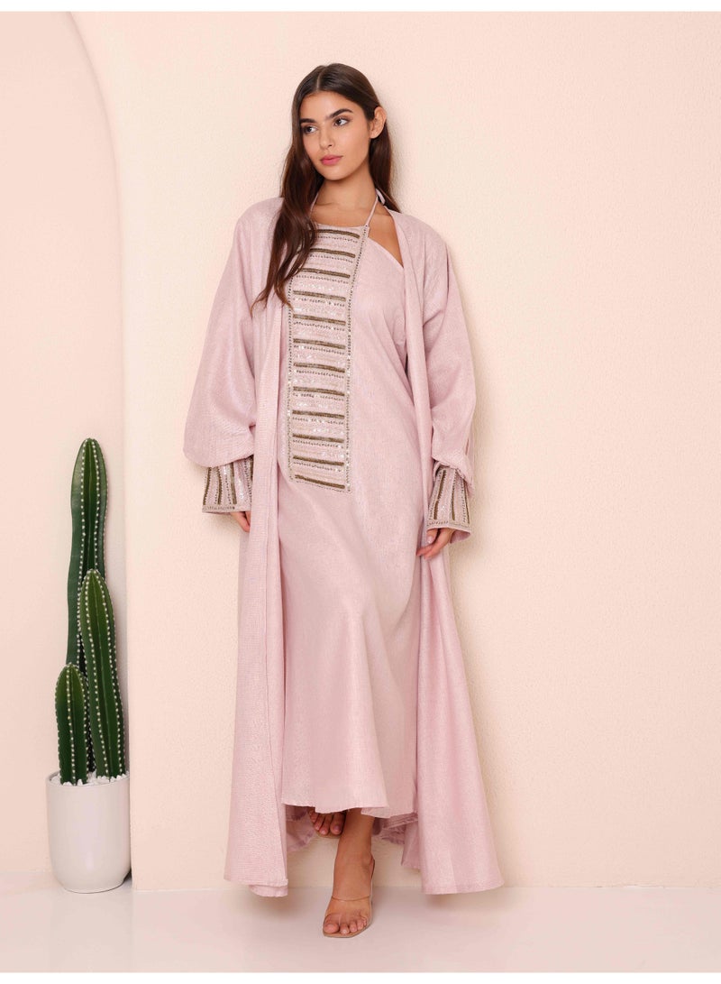 اكسا طقم قطعتين فاخر بتفاصيل خطوط لامعة  وردي - Image 2