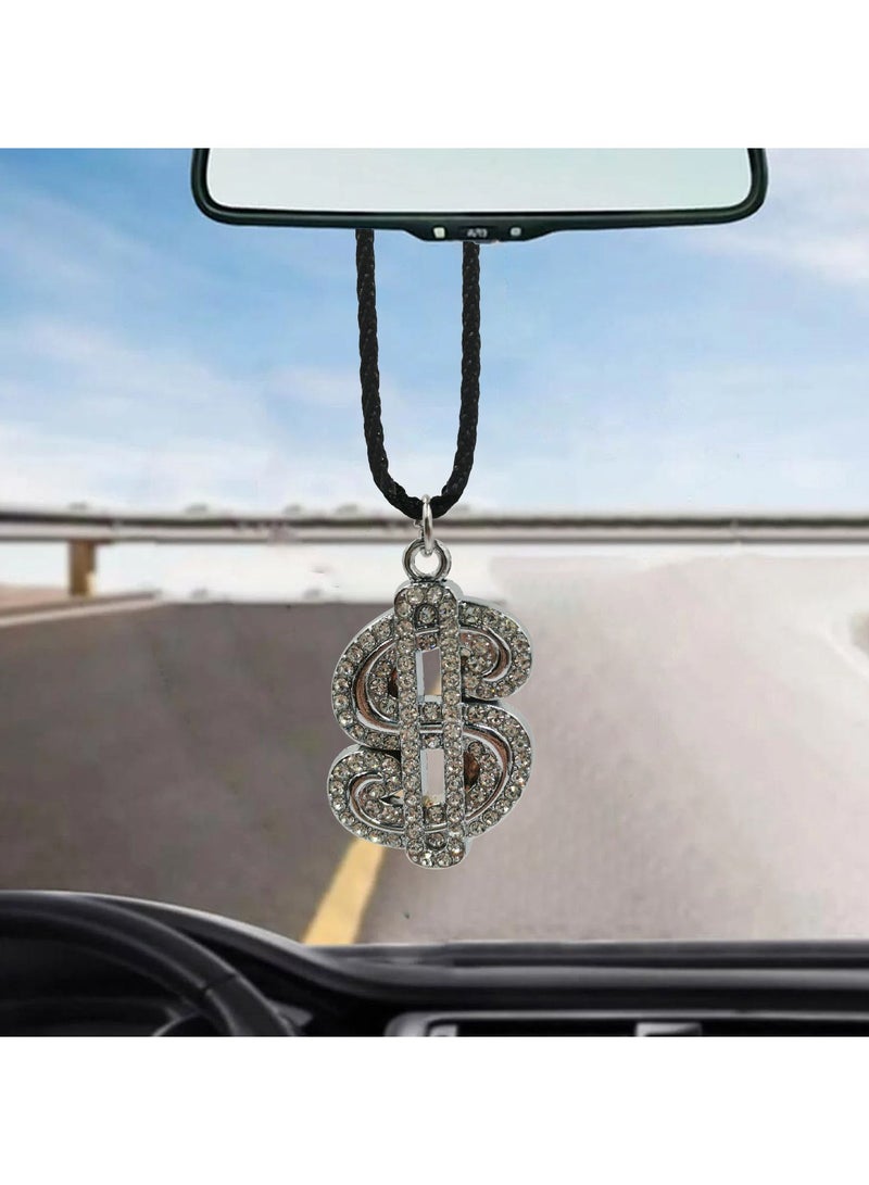 NMC Car Mirror Hanging Fancy Diamond Dollar Logo Pendant Metal Mini Car Decoration Chain  1 Pcs Silver - Image 3