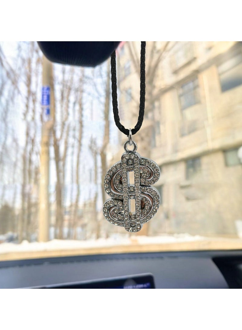 NMC Car Mirror Hanging Fancy Diamond Dollar Logo Pendant Metal Mini Car Decoration Chain  1 Pcs Silver - Image 5