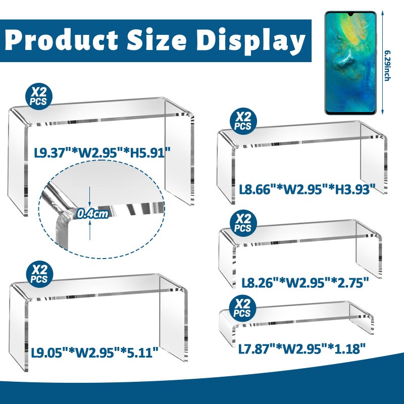 StyEdEk 10 Pcs (2 Sets) Large Acrylic Risers 5 Sizes(7" L~9" L) Riser Display Shelf Cupcake Stand Display Cabinet Clear Rectangular Display Stands Set - Image 2