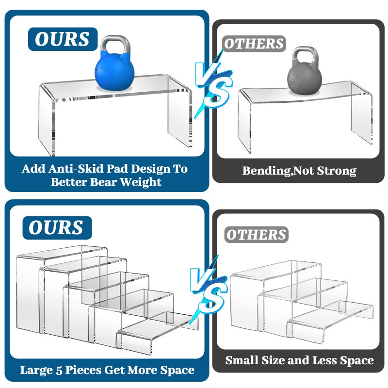 StyEdEk 10 Pcs (2 Sets) Large Acrylic Risers 5 Sizes(7" L~9" L) Riser Display Shelf Cupcake Stand Display Cabinet Clear Rectangular Display Stands Set - Image 4