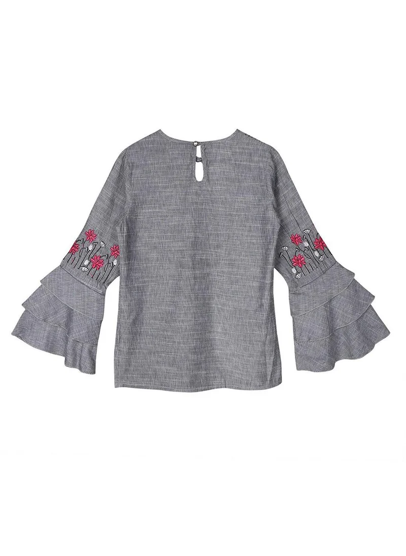 آي شين Women's Grey 100% Cotton Printed Blouse Straight Fit Tops
