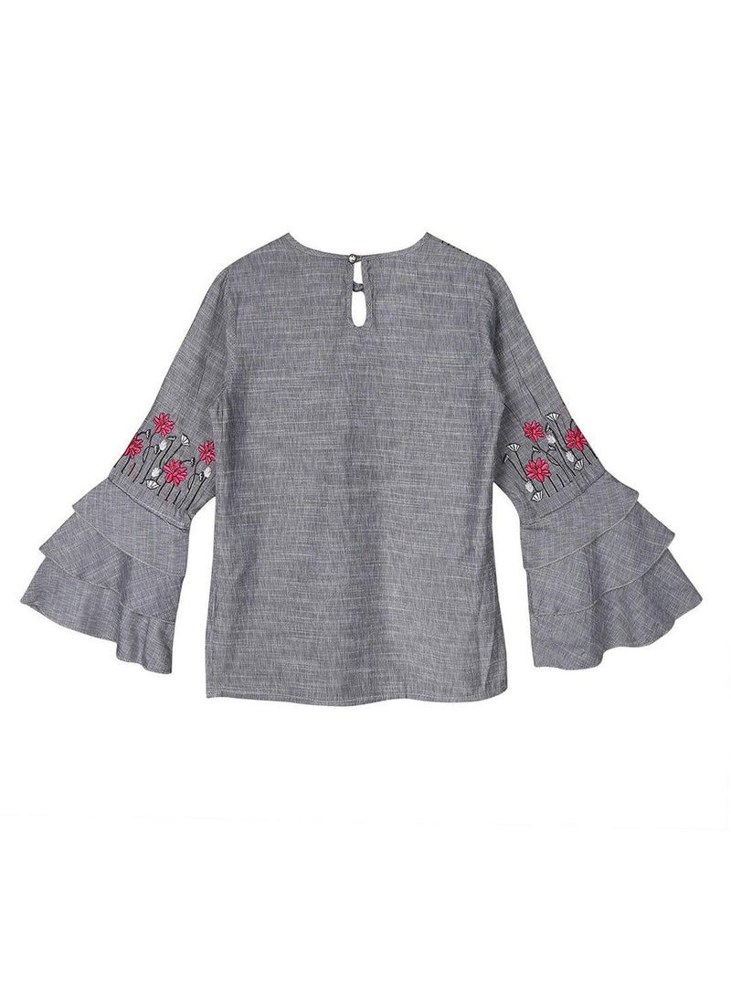 ISHIN Women's Grey 100% Cotton Printed Blouse Straight Fit Tops  - Image 2
