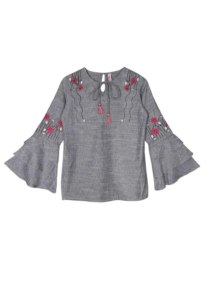 آي شين Women's Grey 100% Cotton Printed Blouse Straight Fit Tops