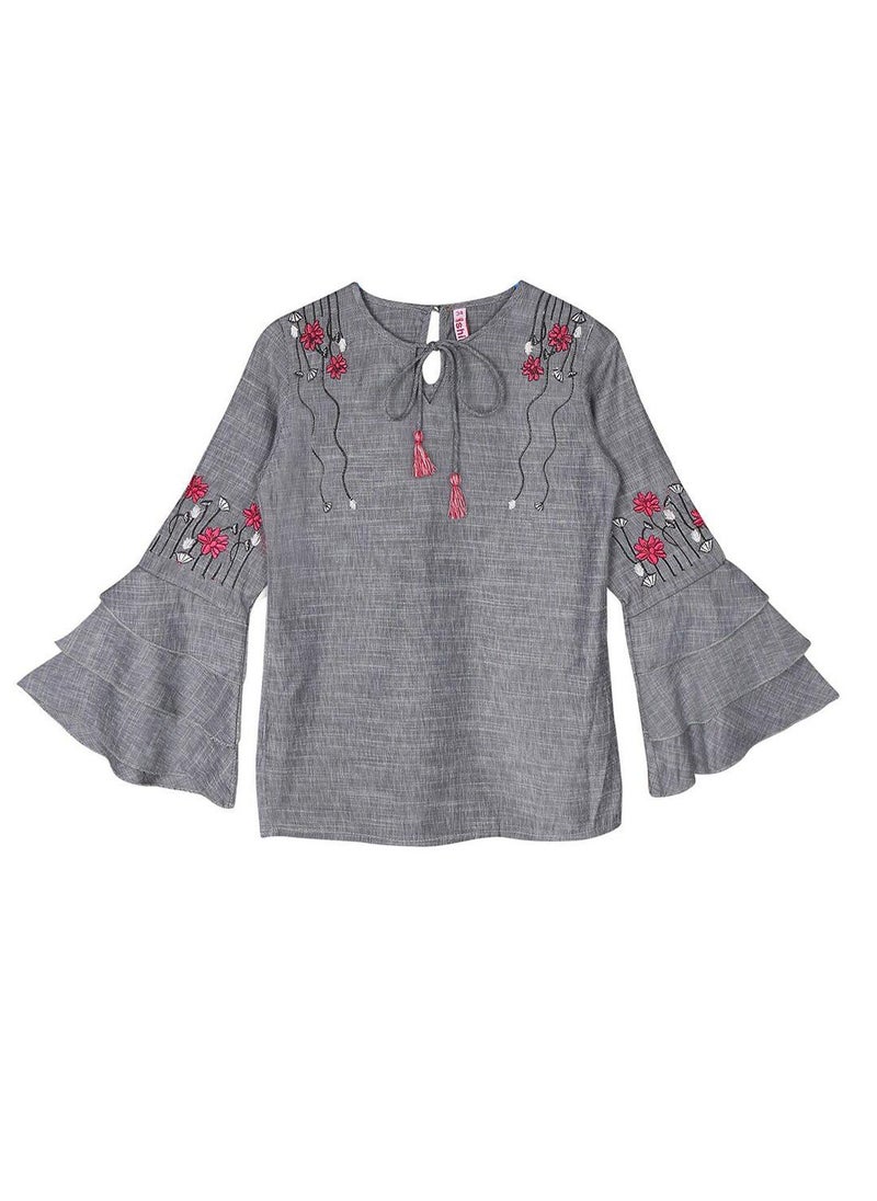 ISHIN Women's Grey 100% Cotton Printed Blouse Straight Fit Tops  - Image 1