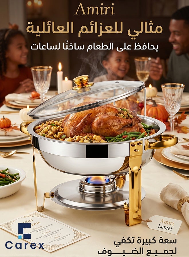 careX Luxury Gold Accent Round Chafing Dish, Food Grade Stainless Steel Buffet Food Warmer with Glass Lid, for Catering Weddings Parties Home Use - Image 2