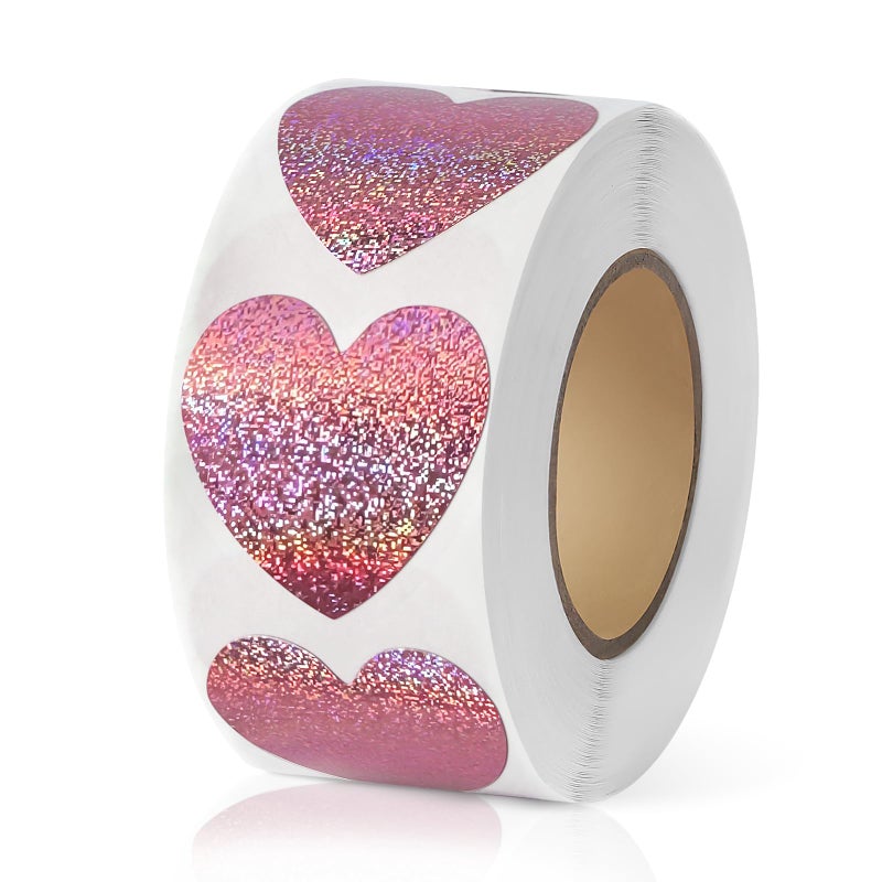 Holographic Pink Heart Shaped Sticker 1 inch Sparkly Cute Love Labels for Valentines Day Invitation Envelopes Crafting Scrapbooking 500 Labels Per Roll