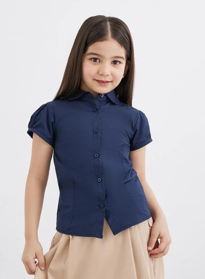 Styli Styli Girls School Uniform Navy Blue Cotton Puff Sleeves Shirt