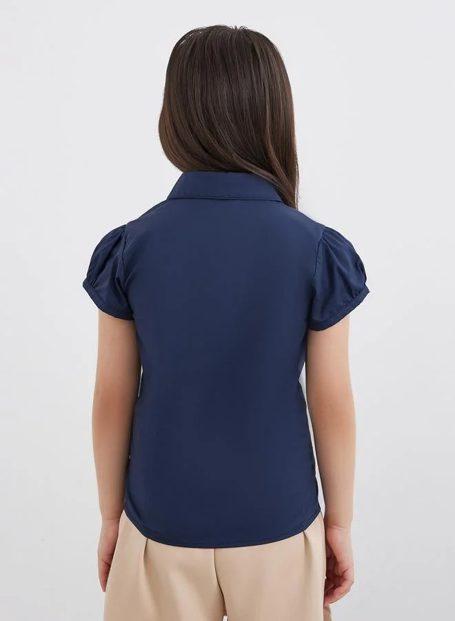 Styli Styli Girls School Uniform Navy Blue Cotton Puff Sleeves Shirt