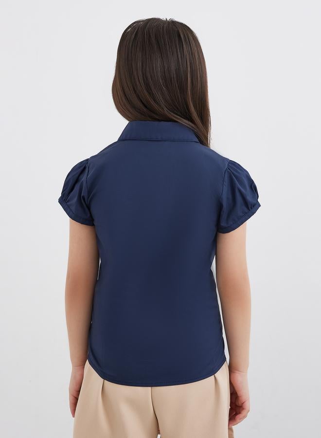 Styli Girls School Uniform Navy Blue Cotton Puff Sleeves Shirt - Image 5