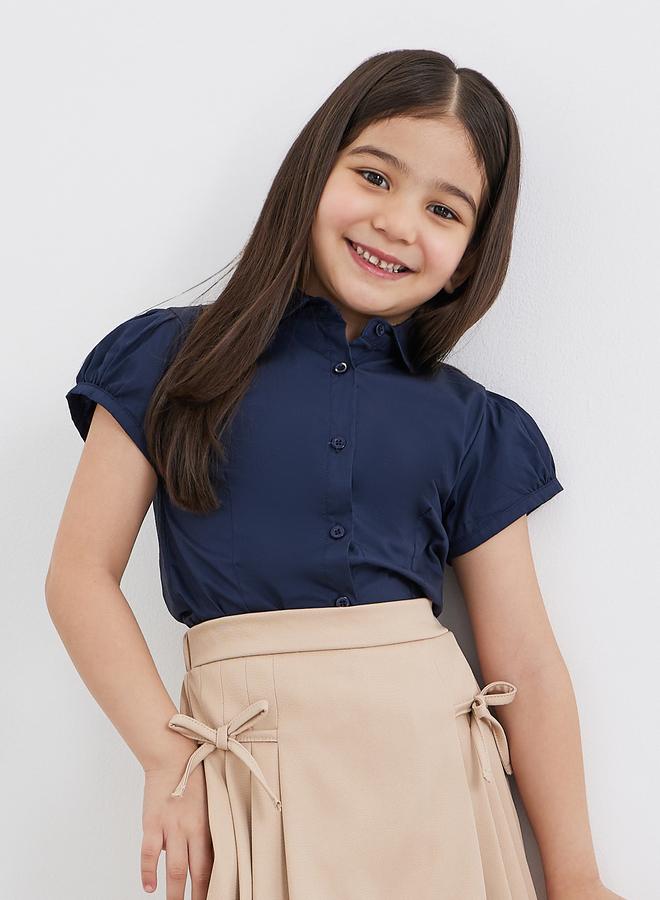 Styli Girls School Uniform Navy Blue Cotton Puff Sleeves Shirt - Image 1